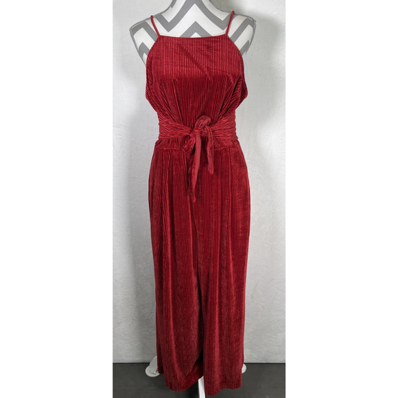 NWT Anthropologie Greylin Ribbed Crushed Velvet Jumpsuit Lg. Womens Red Wide Leg - Picture 1 of 16